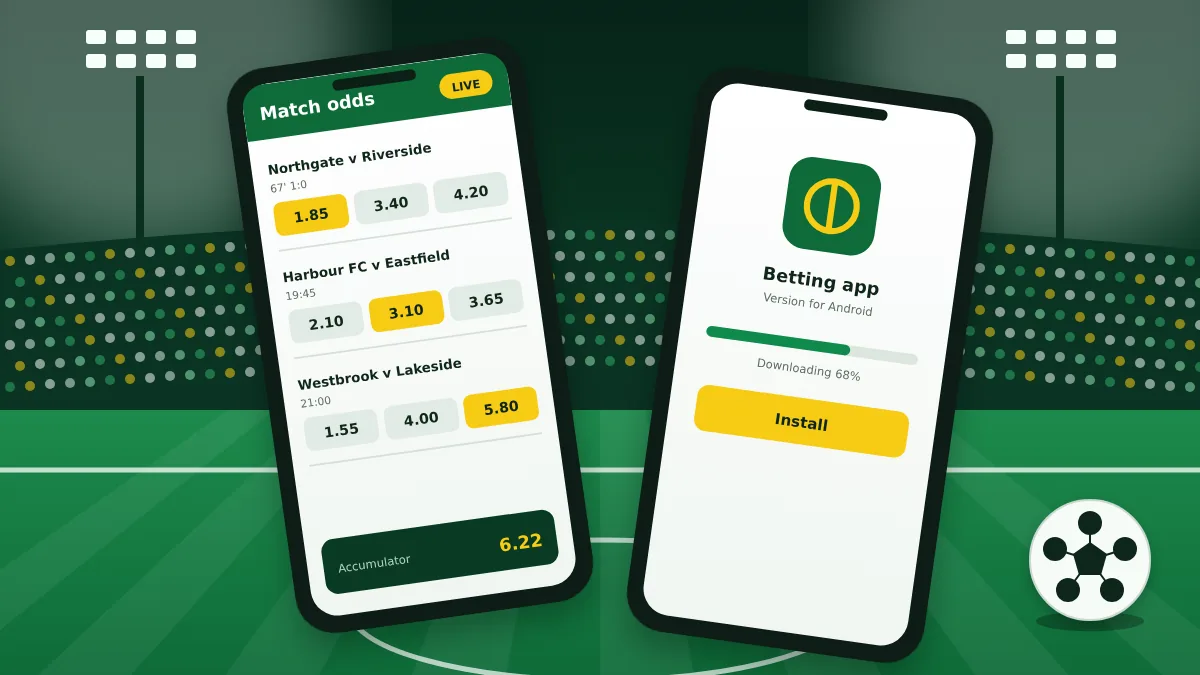 Phone showing an app download screen next to a football and a tennis ball
