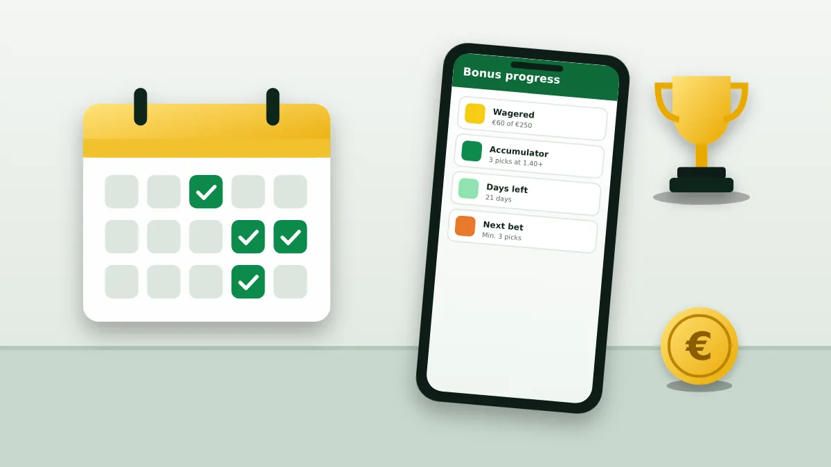 Calendar with ticked days, a phone showing bonus progress and a trophy