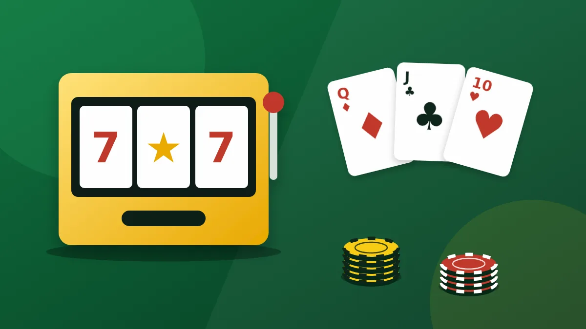 Slot machine with three reels, playing cards and casino chips