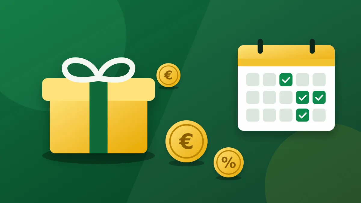 Gold gift box with coins and a calendar showing ticked days