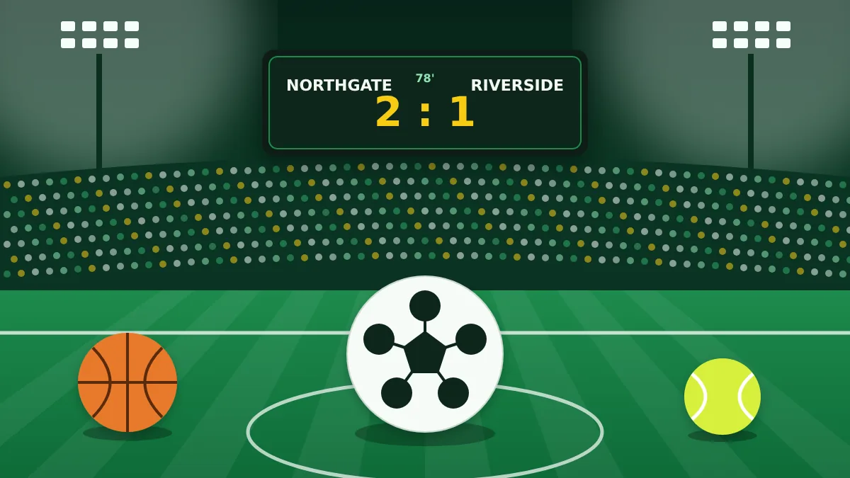 Floodlit football pitch with a scoreboard and balls from three sports