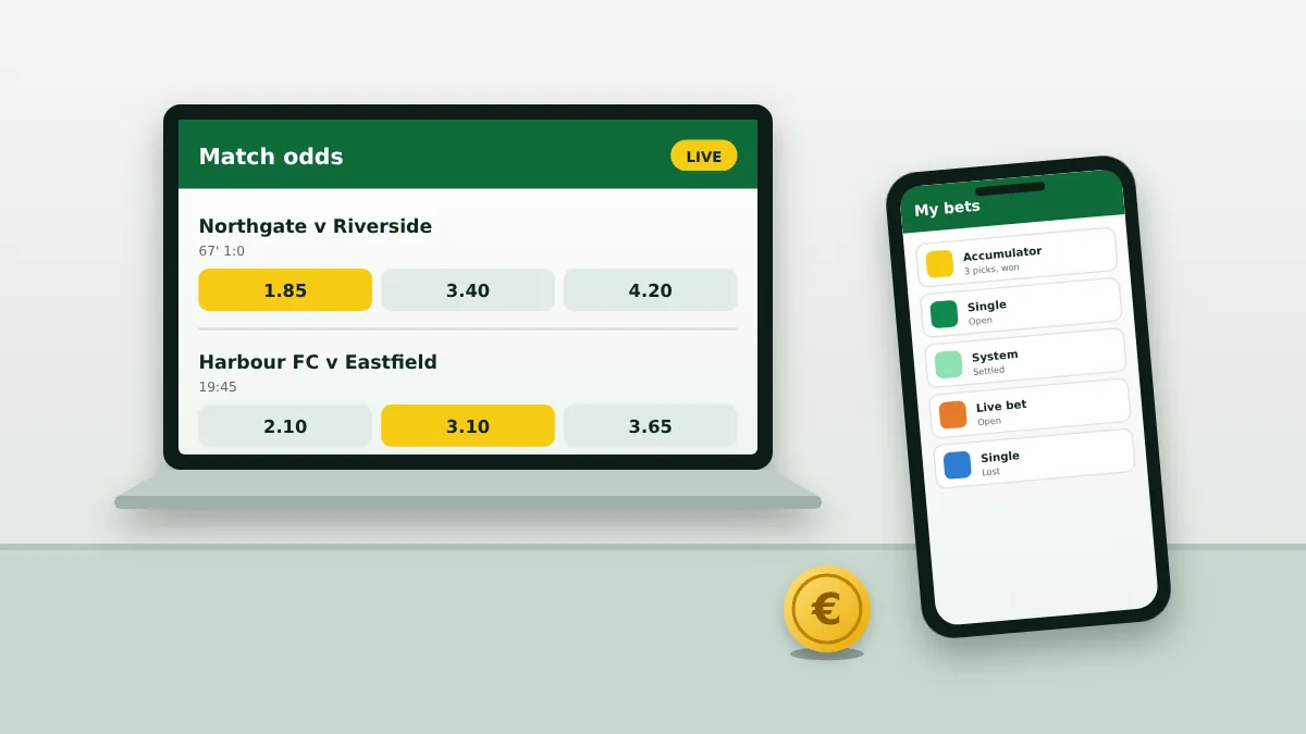 Laptop and phone showing a sportsbook with match odds and a list of bets