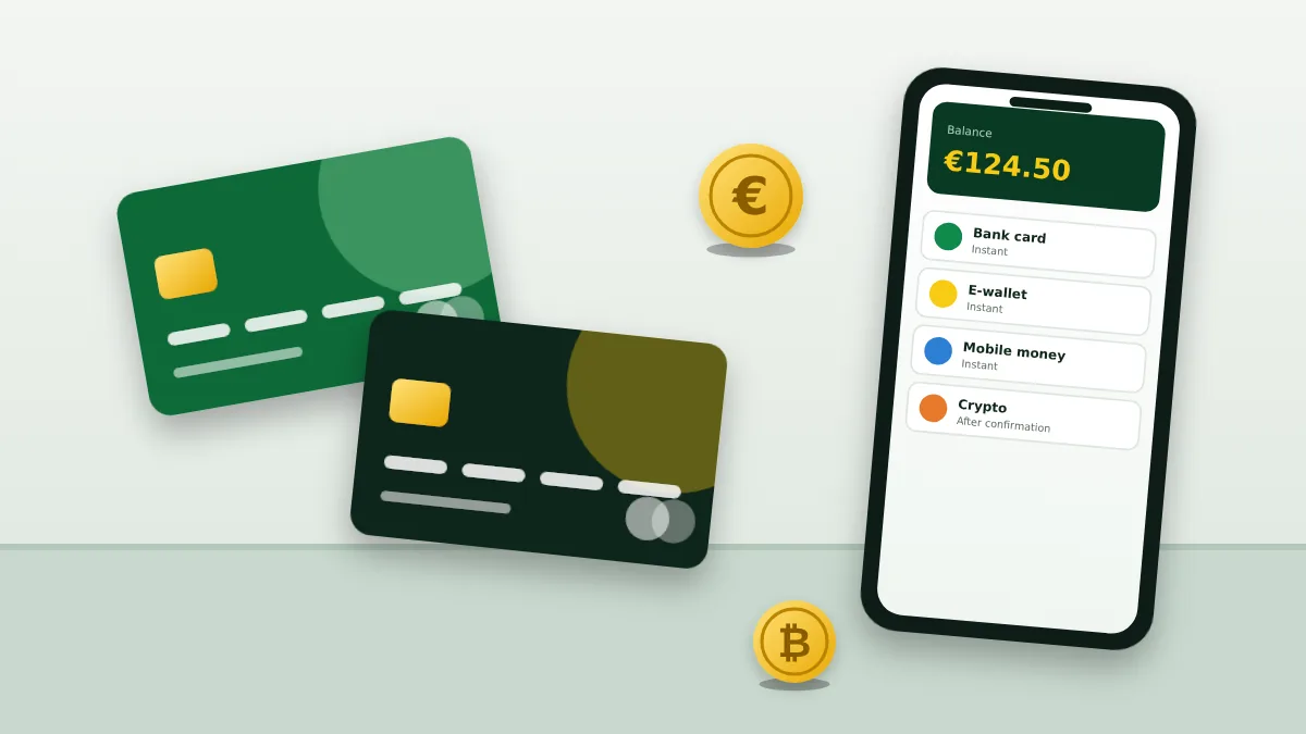 Two bank cards, coins and a phone showing an account balance