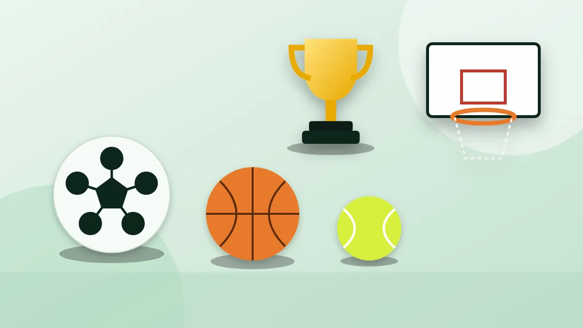 Football, basketball and tennis ball with a trophy and a basketball hoop