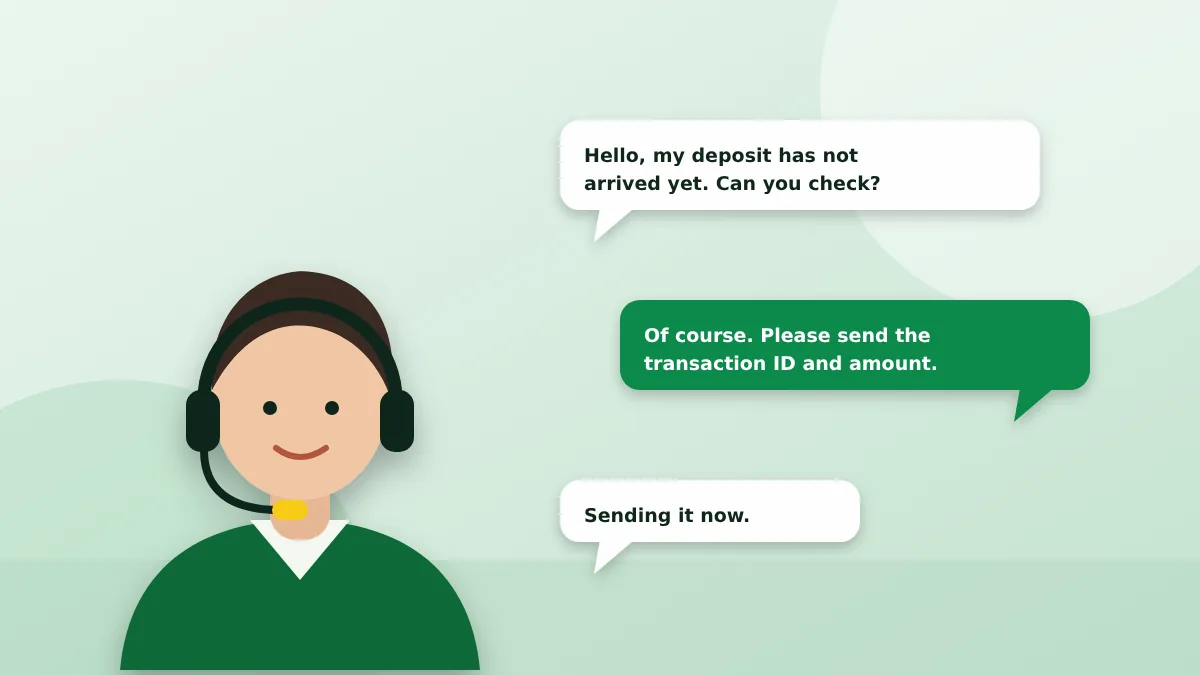Support agent with a headset and a chat about a missing deposit