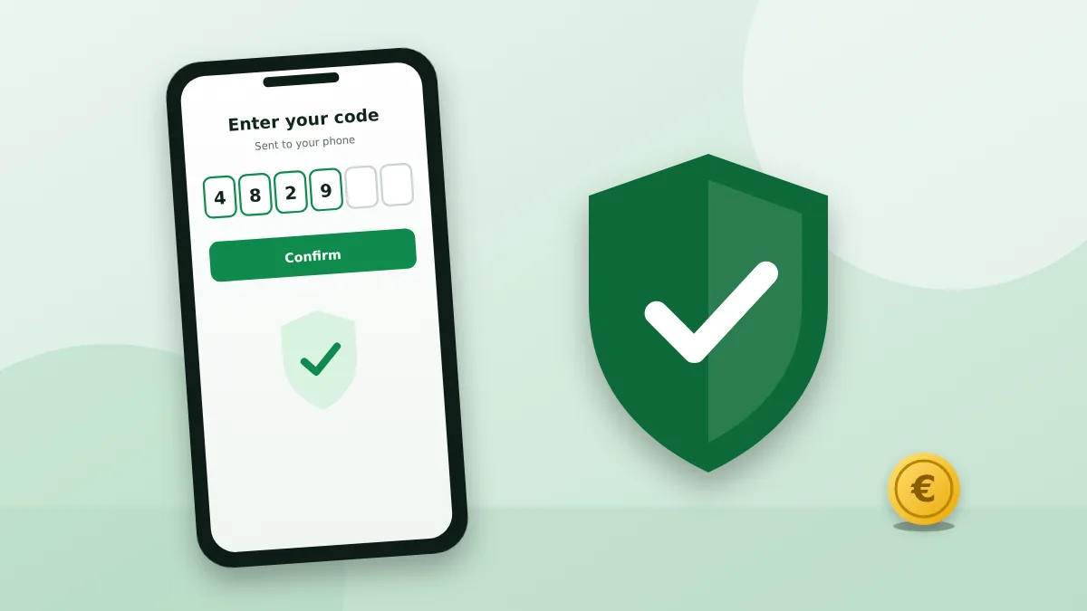 Phone asking for a six-digit security code next to a green shield